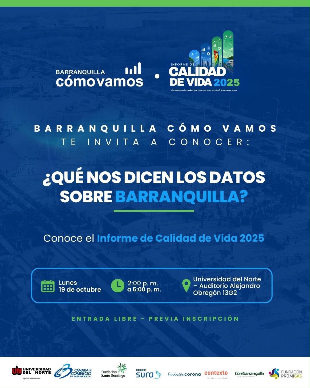 Invitación de Barranquilla Cómo Vamos a la presentación del Informe de Calidad de Vida 2025, el 19 de octubre de 2026 en la Universidad del Norte. Incluye los logos de los aliados del programa.